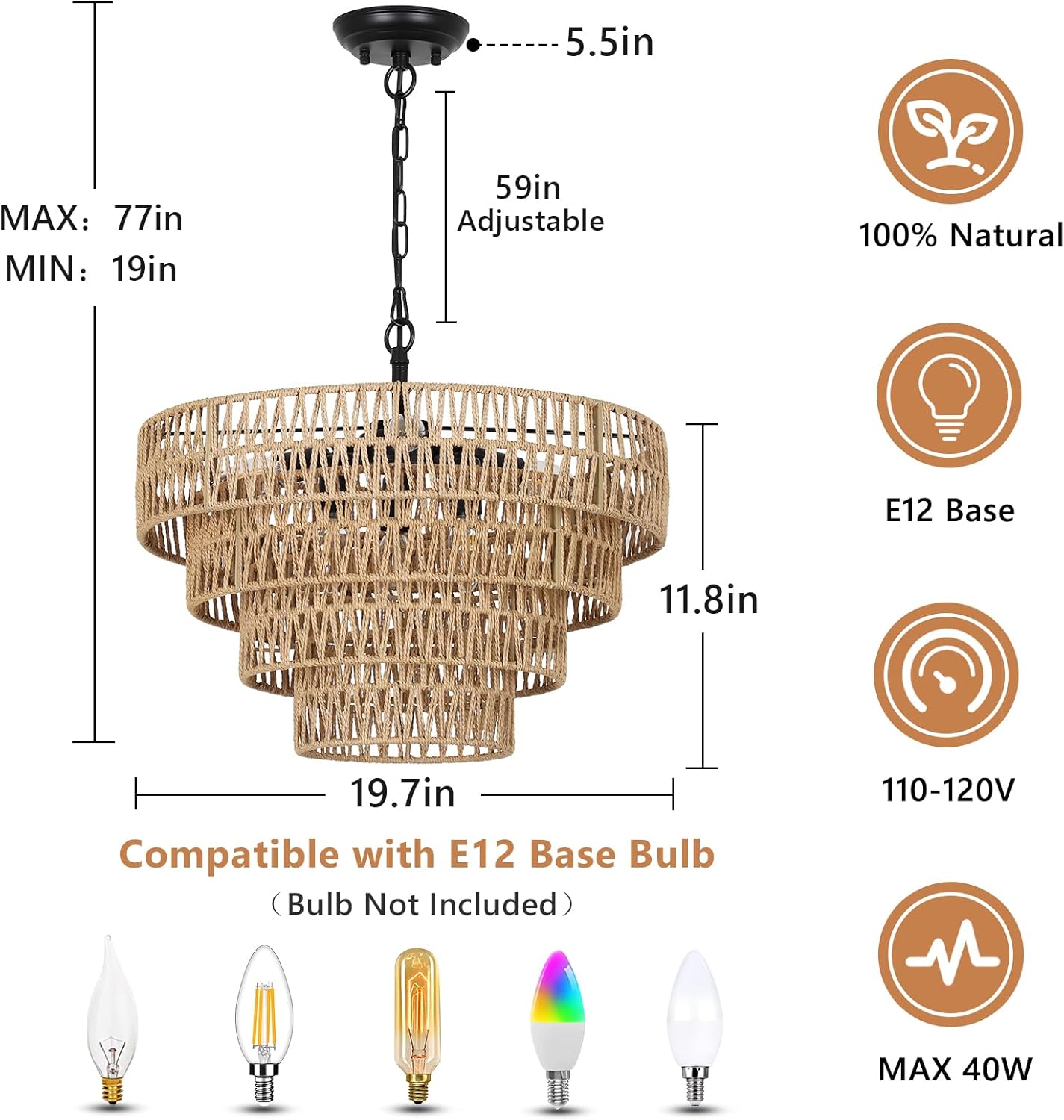 Boho rattan 6-light chandelier with 4-tier woven shade for any room.