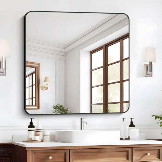 55x36 black rectangular mirror with metal frame and rounded corners.