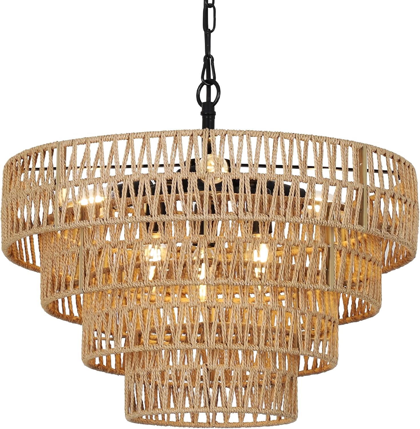 Boho rattan 6-light chandelier with 4-tier woven shade for any room.